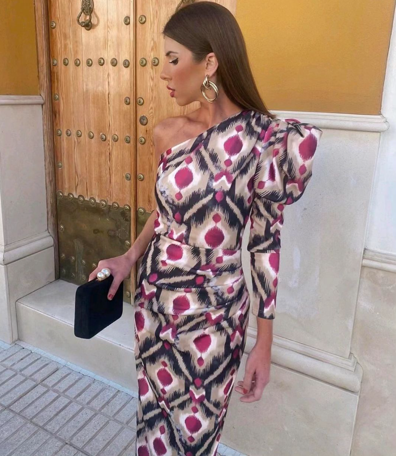 Elle - Vestito midi monospalla a sbuffo viola