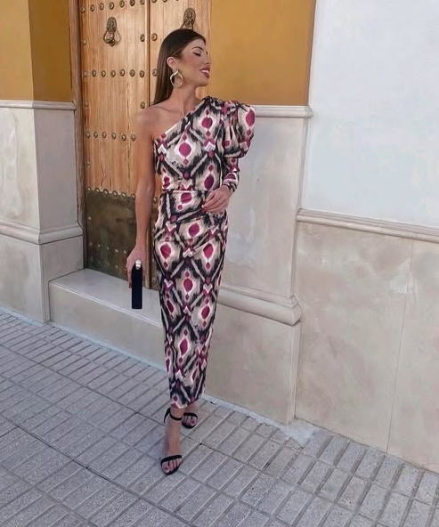 Elle - Vestito midi monospalla a sbuffo viola