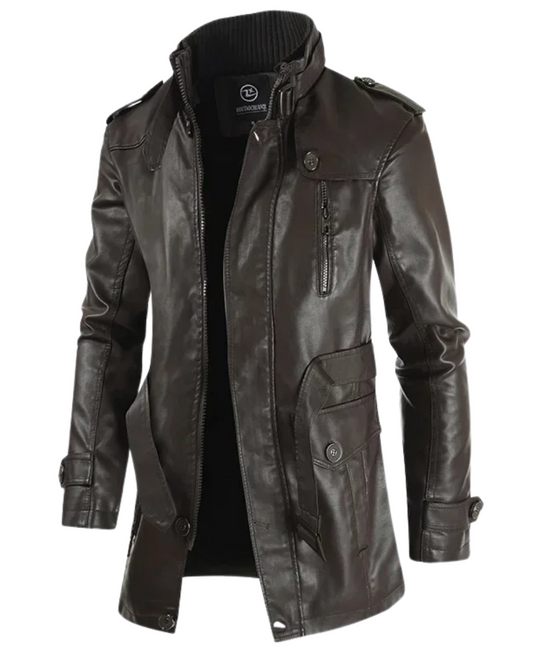 Elegante giacca lunga da motociclista in pelle
