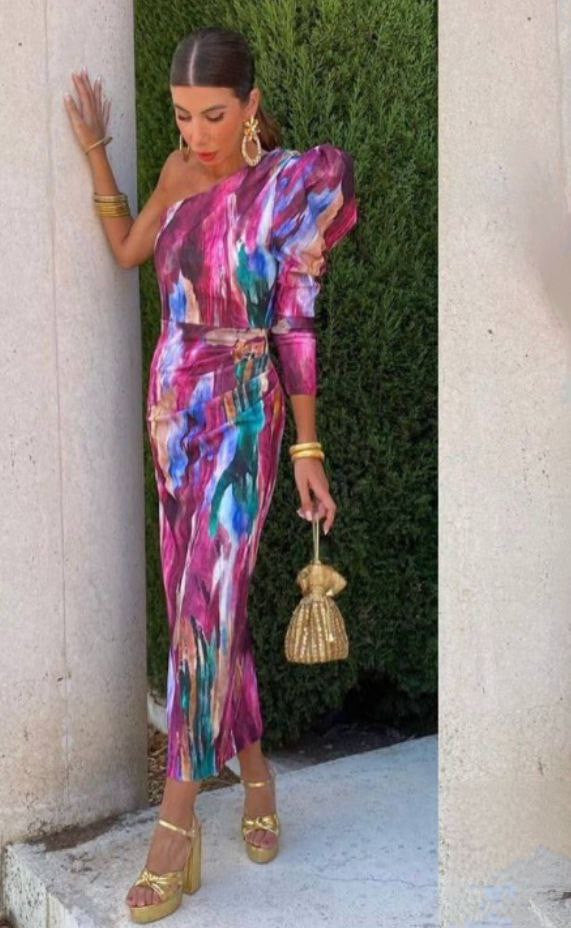 Elle - Vestito midi monospalla a sbuffo viola