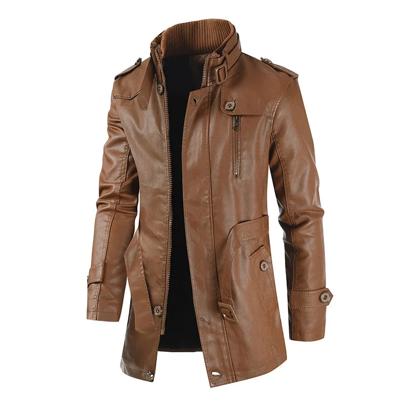 Elegante giacca lunga da motociclista in pelle