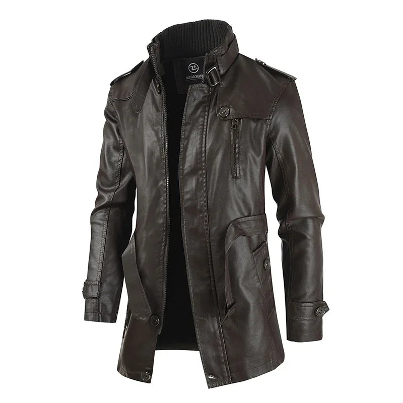 Elegante giacca lunga da motociclista in pelle