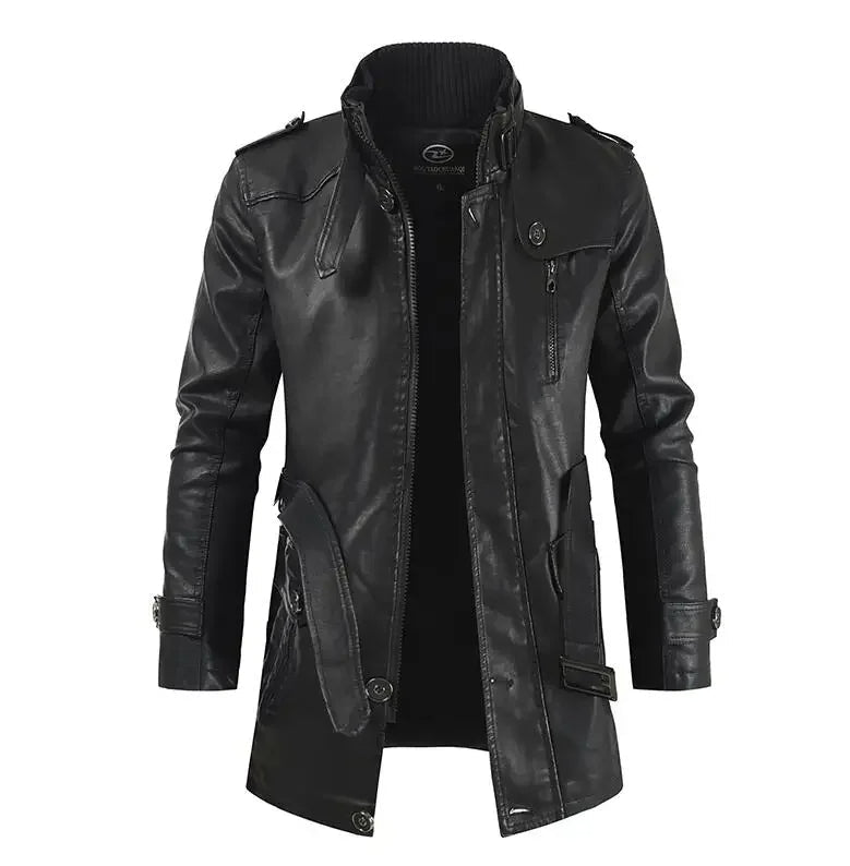 Elegante giacca lunga da motociclista in pelle