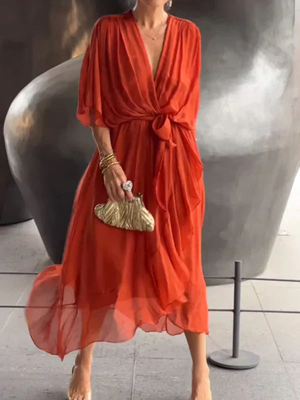 Abito in chiffon di seta con scollo a V