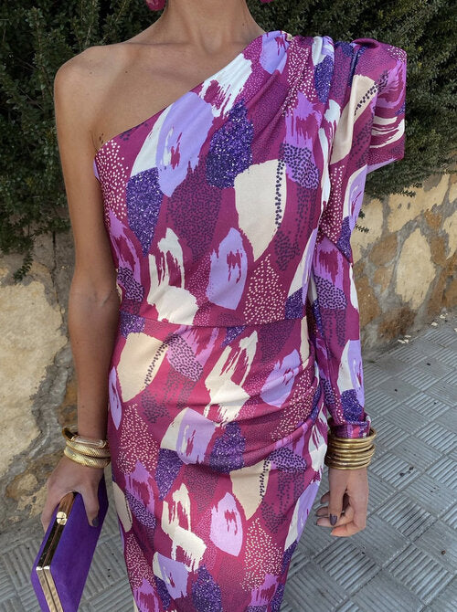 Elle - Vestito midi monospalla a sbuffo viola