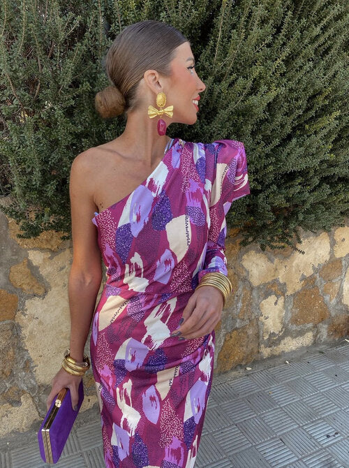 Elle - Vestito midi monospalla a sbuffo viola